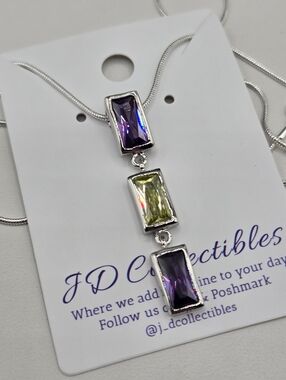 Swarovski Crystal Elements Rectangular Silver Necklace Purple Yellow 19 inch